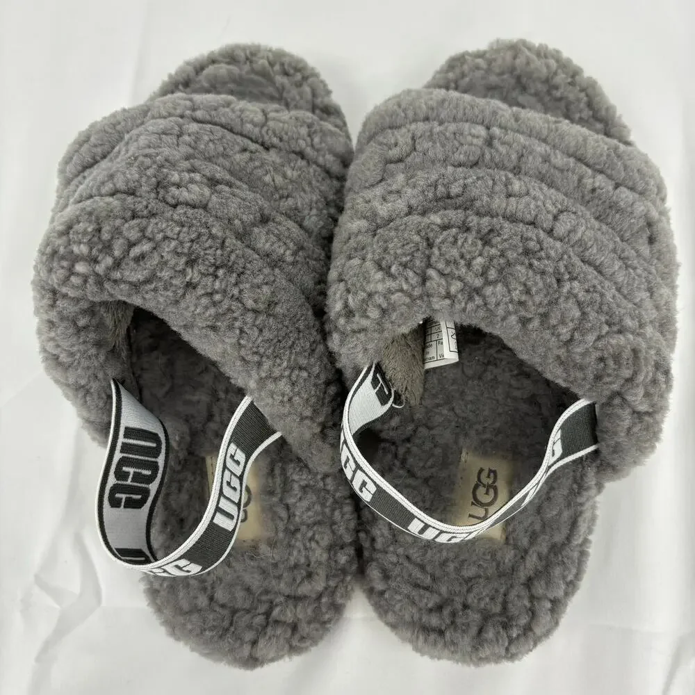 UGG Fluff‎ Yeah Slide Slippers Kids Size 3 Charcoal Gray Sheepskin Rubber Sole